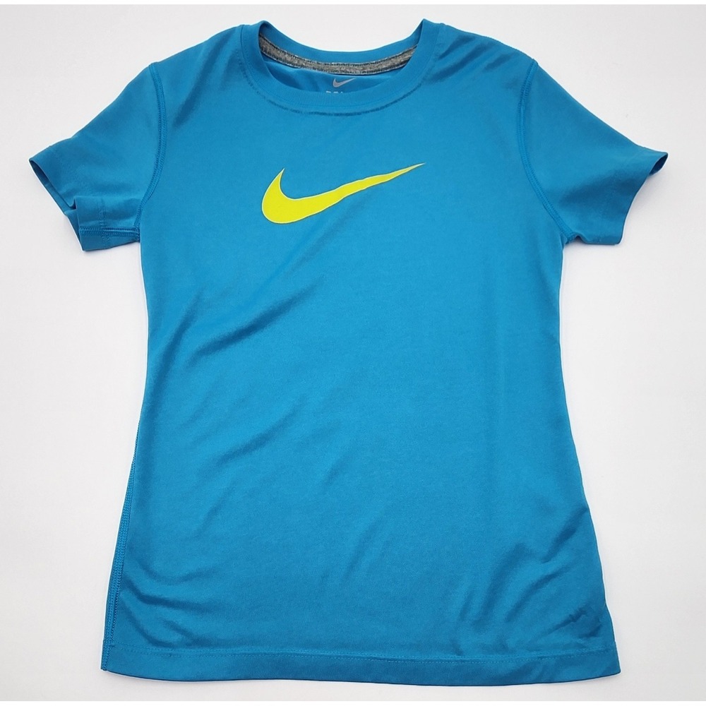 Nike Dri-Fit Short Sleeve Shirt Girls Small Blue Yellow Swoosh EUC